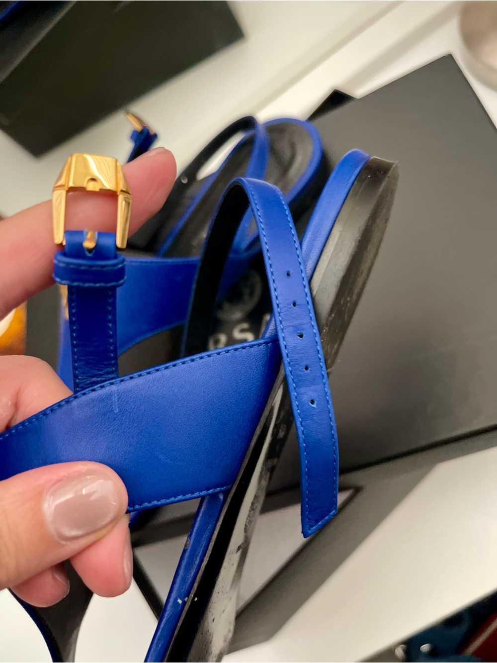 Versace Cobalt Blue Medusa Thong Sandals with Gold Emblem - Picture 3 of 3